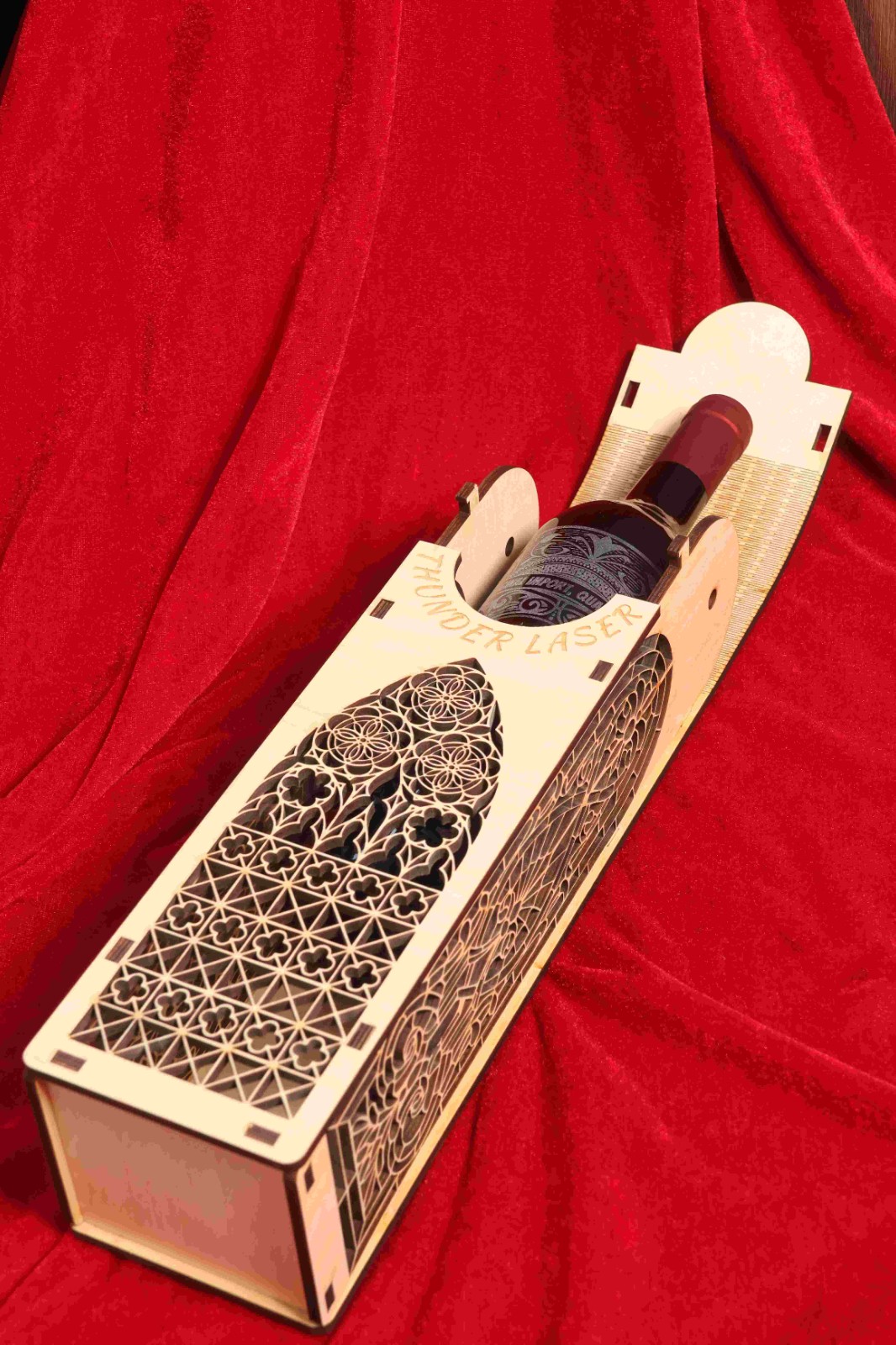 An image showing a laser-cut template used to create a wine bottle packaging product An image showing a laser-cut template used to create a wine bottle packaging product