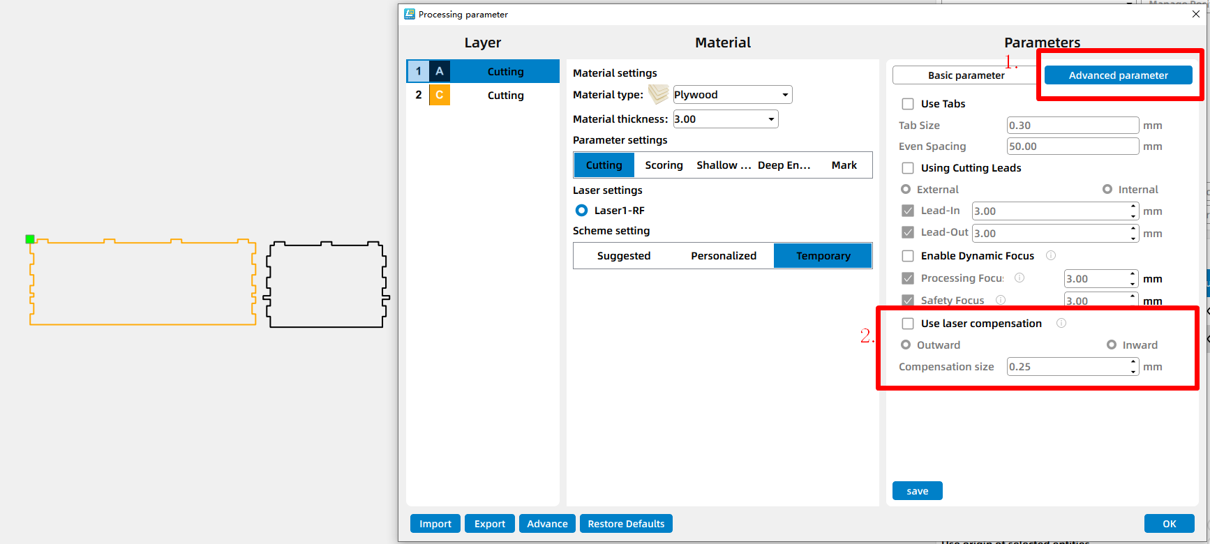 Find the Laser Offset setting in LaserMaker advanced parameters