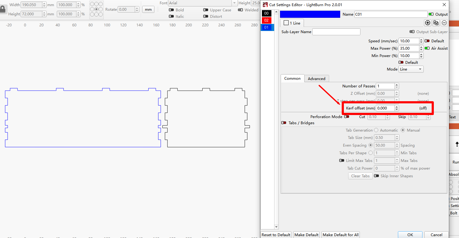 Find the Kerf Offset setting in LightBurn layer parameters
